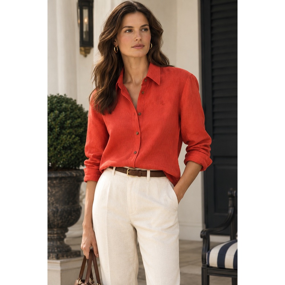 Lauren Ralph Lauren Orange 100% Linen Roll Tab Button Down Shirt - Size Large
